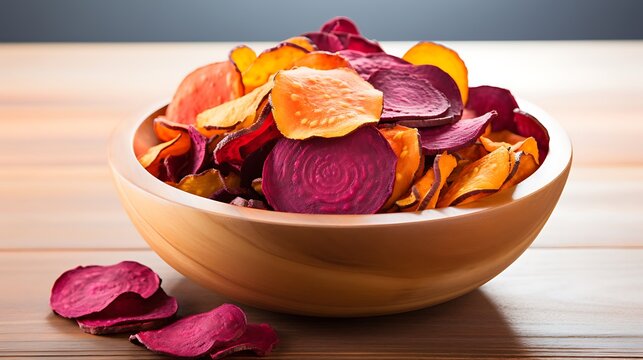 Wooden bowl filled with a variety of colorful vegetable chips on table.
