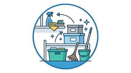Obraz premium Cleaning supplies and storage on shelves, household chores concept