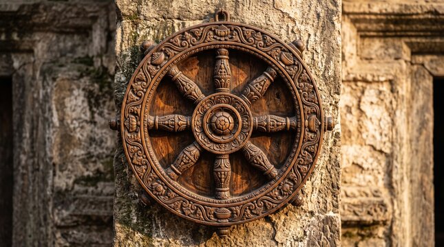 Intricate wooden carving of the Dharmachakra Wheel of Dharma on an antique temple wall