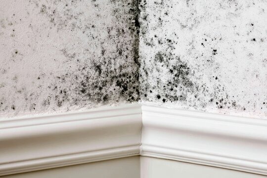 Black mould and fungus on wall near window. The problem of ventilation, dampness, cold in the apartment. Mold spots in the corner of white walls. Spores thrive on moisture quickly grow into colonies