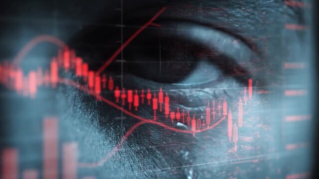 Economic Downturn and Distress: A close-up of a tearful eye superimposed with a sharp, downward-trending stock market graph, symbolizing financial loss and emotional hardship.