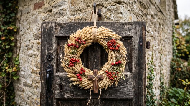 Traditional European woven wheat wreath with a small wooden cross on a stone cottage door