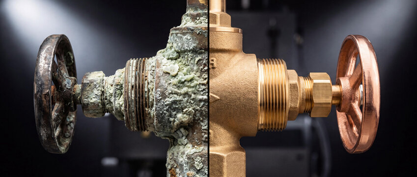 Industrial Brass Valve Restoration Comparison with Old Corroded Fitting and New Polished Component