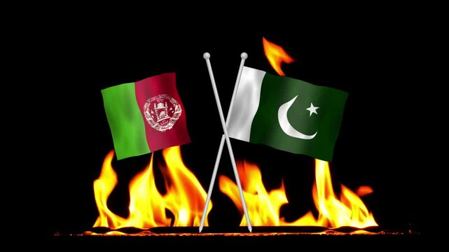 Animated crossed flags of Afghanistan and Pakistan over burning fire