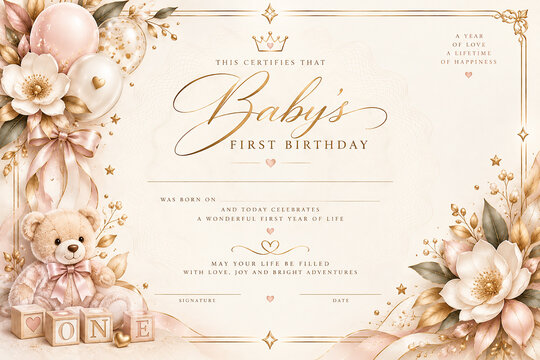 Baby Girl First Birthday Certificate with Teddy Bear, Balloons and Elegant Pink Gold Floral Decoration