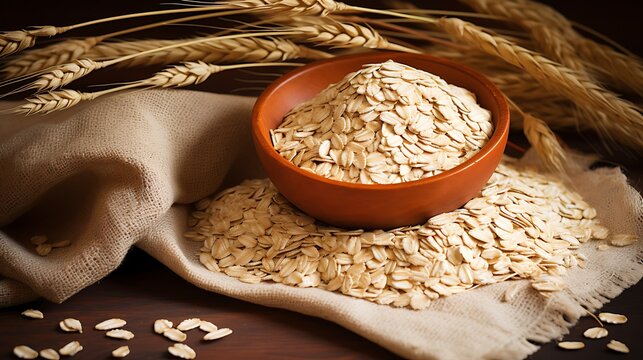 Healthy rolled oats in wooden bowl with linen cloth and wheat ears decor.