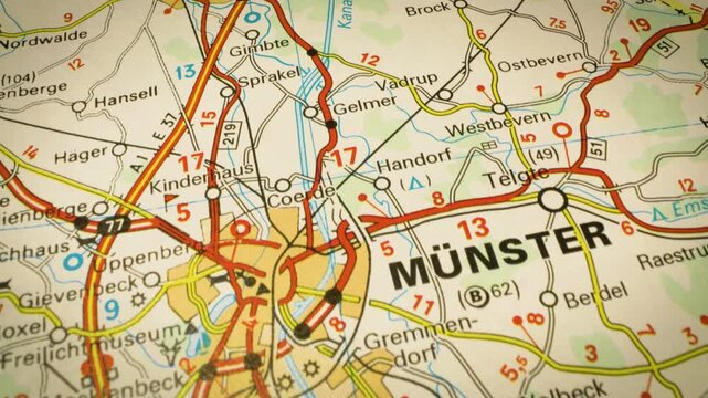m&uuml;nster, germany &ndash; detailed road network, smooth gliding view over atlas map