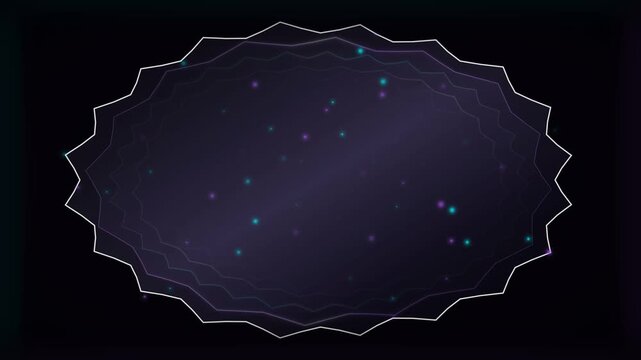Abstract futuristic background with a pulsing white jagged oval frame containing shimmering teal and purple particles on a dark gradient. This dynamic digital animation creates a modern, ethereal,...