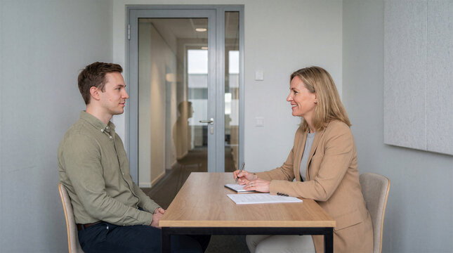 Recruiter interviewing candidate at office table with documents.