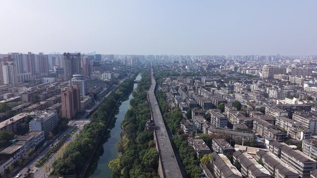 Aerial drone footage of the Great Wall of Xi'an in Shaanxi, China, on a sunny day, 1-inch sensor