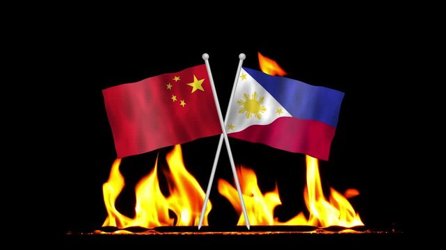 Animated crossed flags of China and Philippines over burning fire