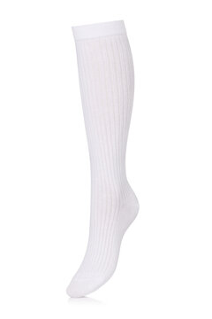 A white women's high sock worn by an invisible mannequin, isolated on a white background