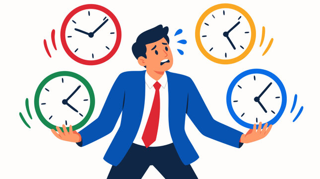 Stressed businessman juggling four colorful clock faces representing time pressure, deadline management, multitasking and overwhelming busy schedule in bold modern flat vector illustration concept