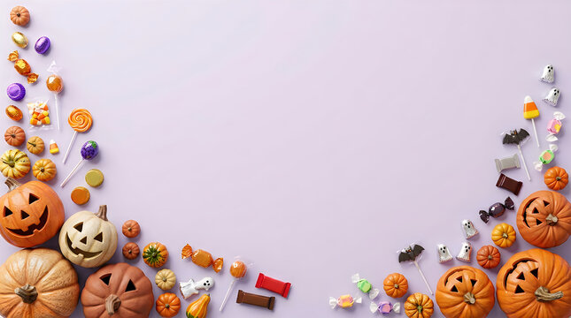 Festive halloween decorations border with pumpkins and colorful seasonal elements