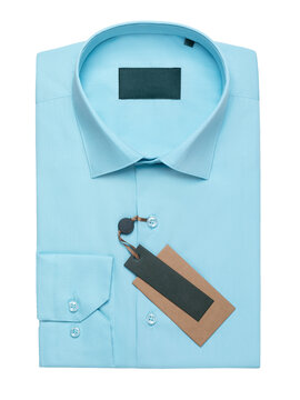 Folded light turquoise men's long sleeve dress shirt isolated on white background, top view