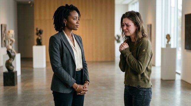 Emotional encounter: Artist explains art to crying admirer in gallery