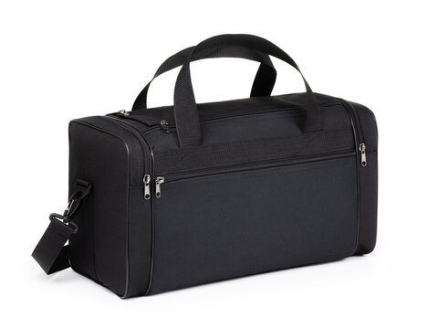 Black textile travel bag isolated on white background