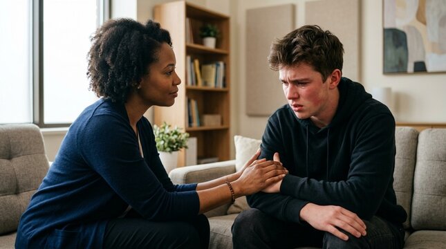 Therapist comforting distressed young man, mental health support concept