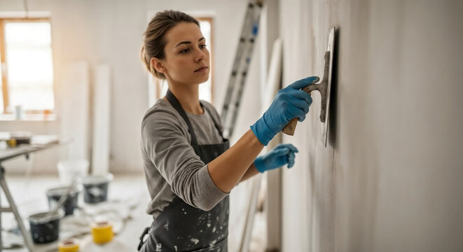 Female smoothing wall with trowel, blue gloves, apron during renovation. Focused female smoothing wall applies plaster to wall surface. Concept female smoothing wall for home improvement marketing.