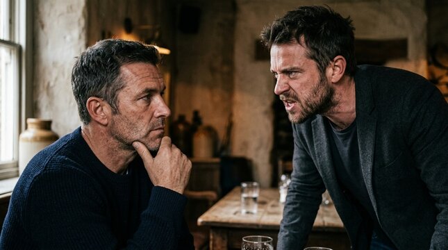 Two men arguing intensely in a rustic pub, confronting each other.