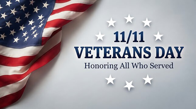 Veterans day 11-11 text honoring all who served against a backdrop of a folded american flag with veterans