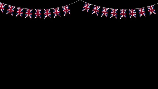 Animated UK Union Jack flag bunting strung across black background