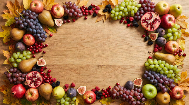 Abundant arrangement of fresh fruits creates a colorful circular border