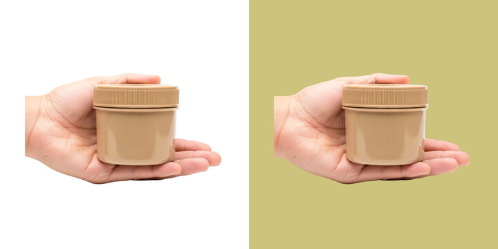 Hands holding small jars with beige cream content transparent png