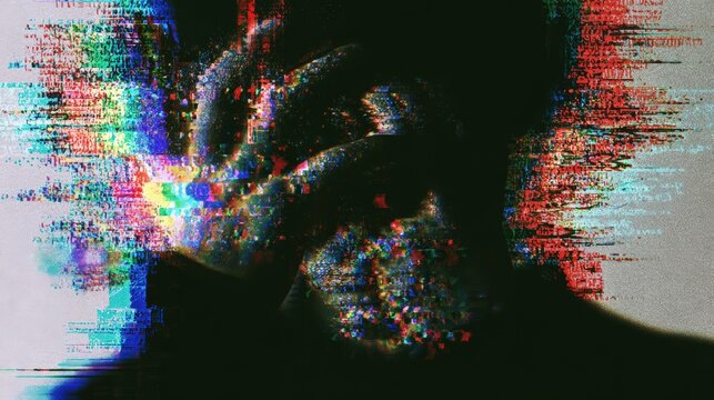 Hand silhouette disintegrating into rainbow pixel particles