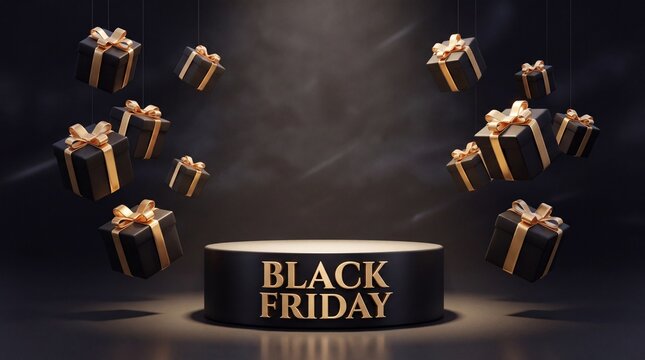 Black Friday podium surrounded by floating black and gold gift boxes on dark atmospheric background