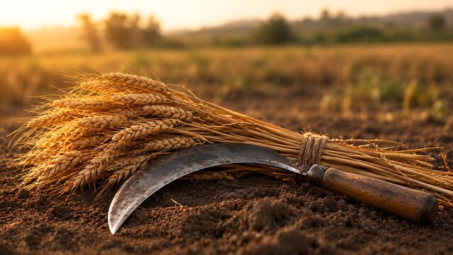 A sickle rests on the soil next to a bundle of harvested wheat stalks at sunset, symbolizing agriculture and the harvest season.