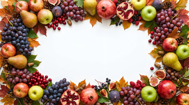 Abundant autumn harvest arrangement of fresh fruits with white space