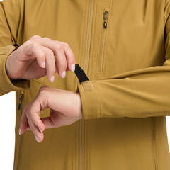A person adjusting the velcro cuff of a goldenbrown jacket, showcasing outdoor apparel details, isolated on transparent background © Amena