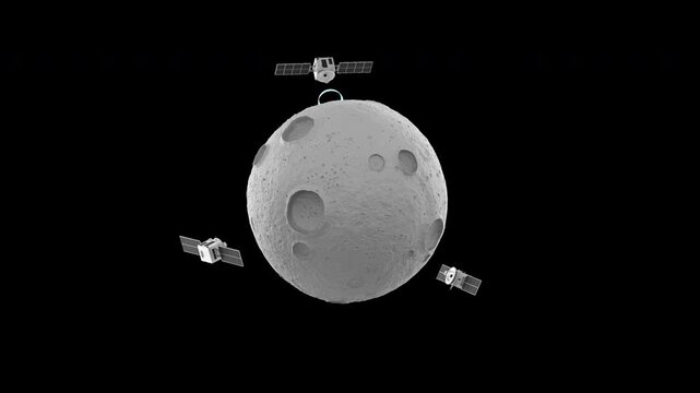 Three satellites located around a stylized moon take turns sending signals to its surface, 3d render with alpha channel