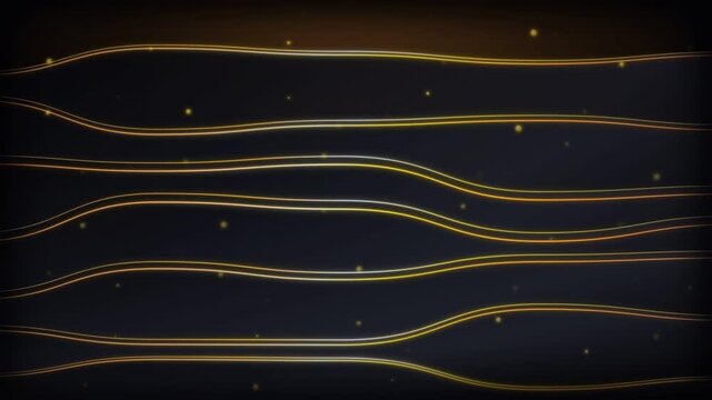 Dynamic abstract background with multiple flowing, glowing golden and silver wavy lines gracefully intertwining and diverging amidst sparkling particles on a dark, elegant backdrop, evoking futuris...