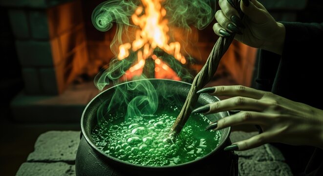 Witch brewing a potion in cauldron