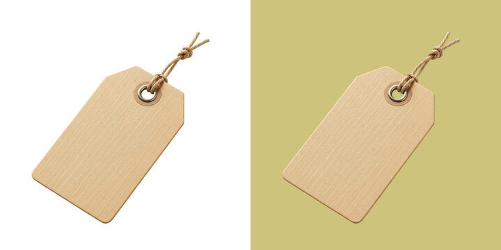 Two blank kraft paper tags with string hanging transparent png