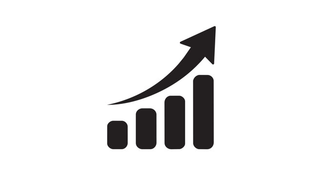 Black growing bar chart with rounded edges and upward arrow silhouette icon, business success vector illustration isolated on white background