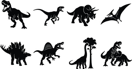 Set of black dinosaur silhouettes featuring various prehistoric animal species isolated on white background © Designer Arif