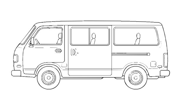 Classic Passenger Mini Van Bus Side View for Family Transportation Coloring Book Line Art Vector Illustration