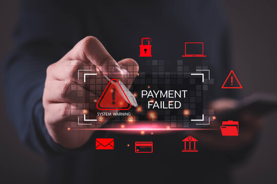 Failed digital payment, a professional interacting with a financial interface and red warning icons, representing transaction errors, banking problems, payment security, fraud risk, and system failure
