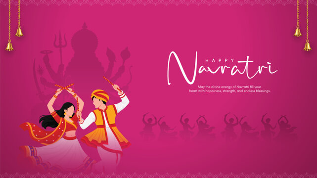 Happy Navratri festival banner featuring Dandiya dancers, Goddess Durga silhouette and festive decoration.