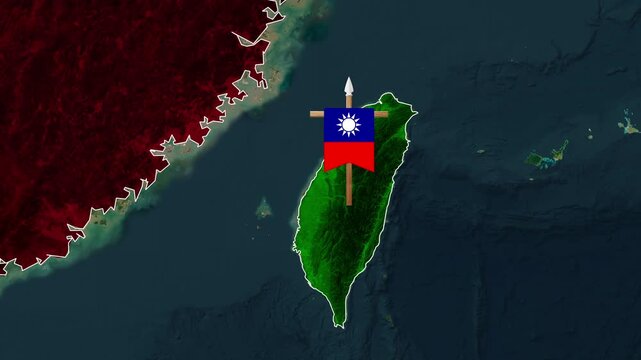 Animated satellite map of China zooming to Taiwan flag marker