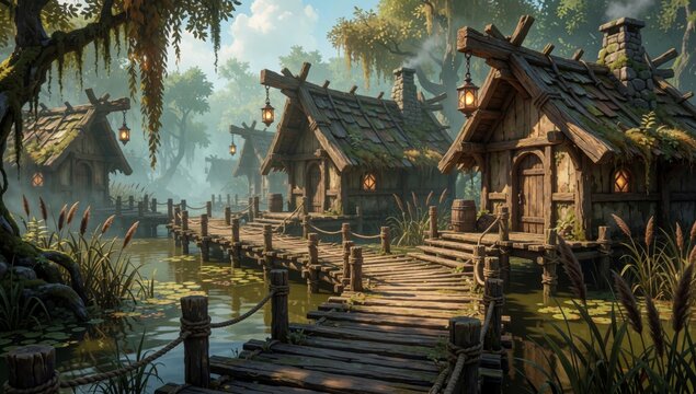 Digital illustration small village forest made wooden huts thatched roofs chimneys surrounded lush greenery tr