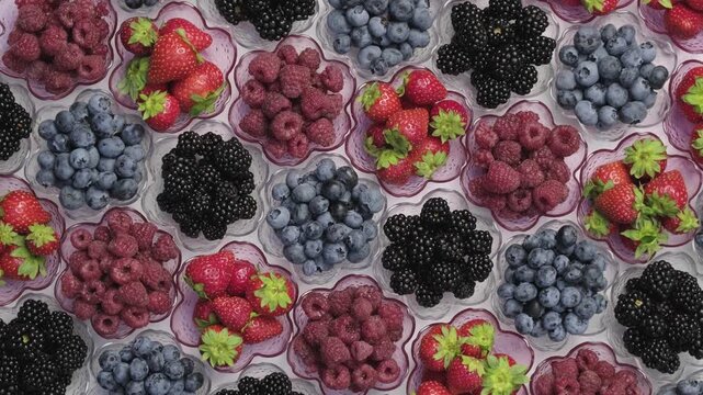Fresh Strawberries Raspberries Blueberries and Blackberries Rotating in Flower Shaped Bowls Flat Lay Concept of Healthy Eating and Fresh Fruit