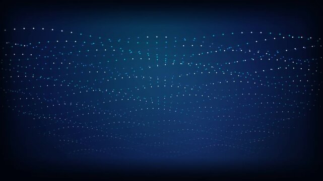 Dynamic deep blue background with undulating digital wave patterns formed by glowing white and cyan data particles, creating a futuristic network mesh. Represents technological innovation, big data...