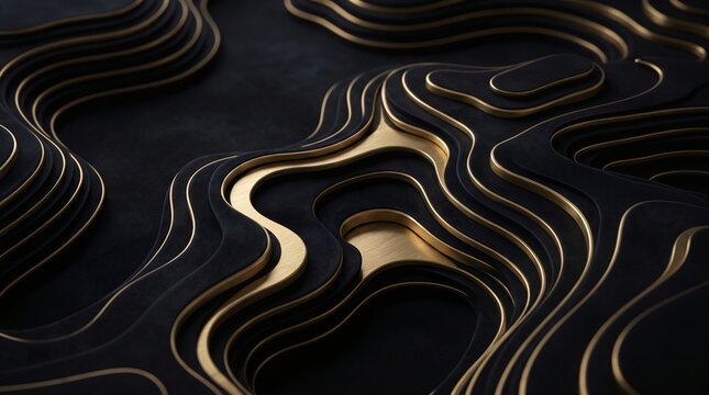 Midnight gold abstract 3D topographic wave layered background.