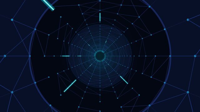 Immersive seamless loop of an endless 3D futuristic technology tunnel. Featuring intricate glowing electronic circuit patterns, luminous cyan and electric blue LED data pulses traveling through digita