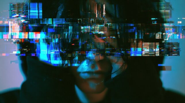 Face hidden behind blue pixel glitch blocks in darkness