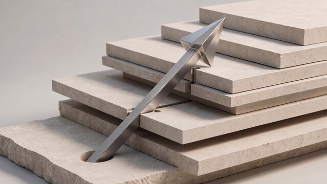 Textured paper folded into a three-dimensional arrow form in a minimalist studio